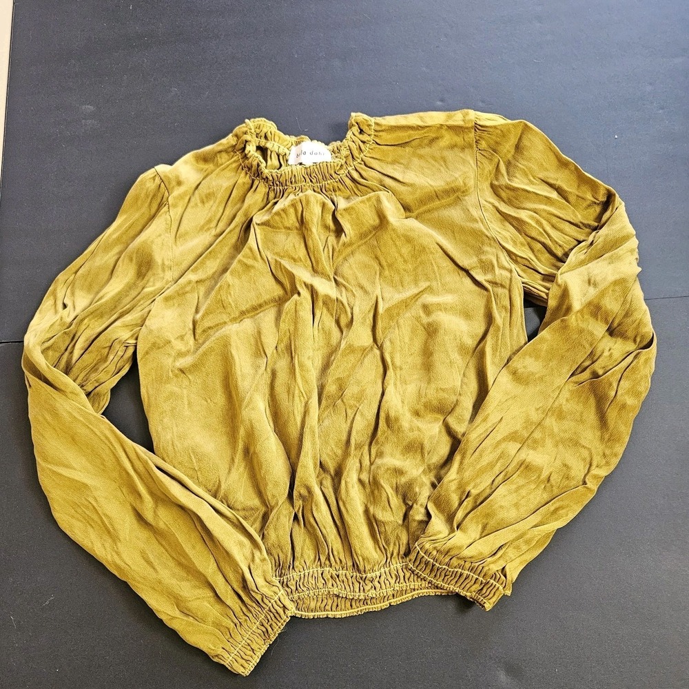 Bella Dahl Women's Small Mustard Velvet Off‎ Shoulder Crop Top Puff Sleeve Boho